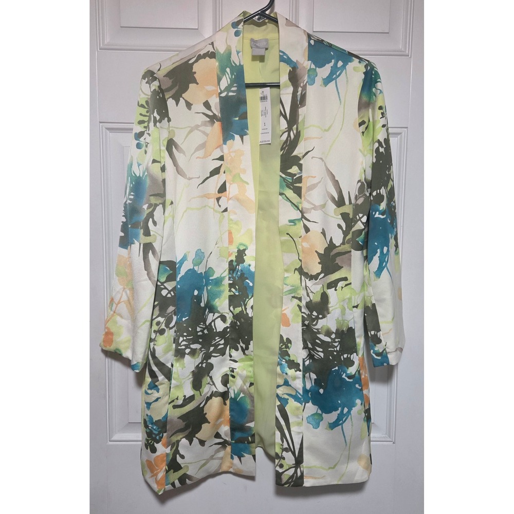 Chico's Spring Paradise Duster Jacket Floral Soft Lime Size 1 M 8/10 New
